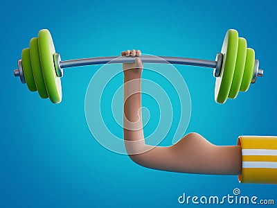 3d render cartoon hand holds barbell, isolated on blue background. Weight power lifting at home. Bodybuilding exercise Stock Photo