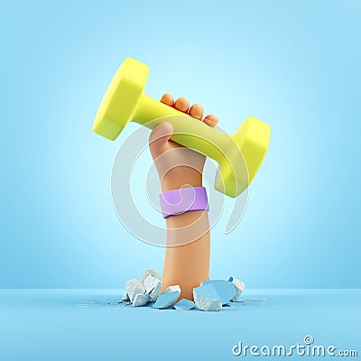 3d render cartoon hand holds yellow dumbbell, sport motivation clip art isolated on light blue background. Physical activity Stock Photo