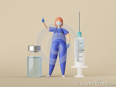 3d render. Cartoon woman doctor character with big syringe and glass bottle with clear blue liquid. Stock Photo