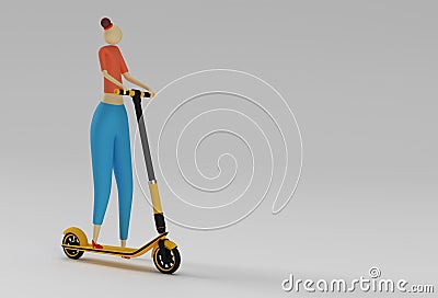 3D Render Cartoon Woman Riding a Push Scooter 3D art Design illustration Cartoon Illustration