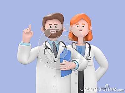 3d render, caucasian man and woman doctors, holds clipboard and shows index finger up. Medical colleagues hospital staff Stock Photo
