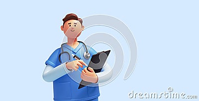 3d render, caucasian young man, nurse cartoon character wears blue shirt, holds pen and clipboard. Health care consultation. Stock Photo