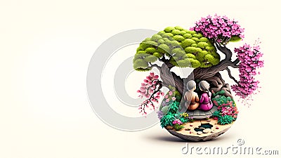 3D Render Clay Modeling of Japanese Couple Sitting In Bonsai Stock Photo