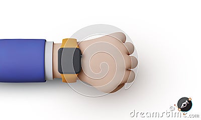 3d render clock on the hand of a businessman in a suit. Smart watch. Hand with clock isolated on background. Vector illustration Vector Illustration