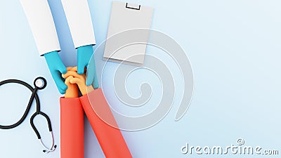 3D Render Close Up Of Doctor Hands With Patient, Stethoscope, Blank Clipboard And Copy Space On Blue Stock Photo
