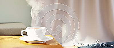 3D render of coffee cup with smoke on house or office blur background Stock Photo