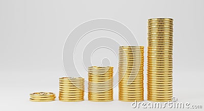 3D Render. Coin stacks. Gold coins arranged from left to right. Ascending Demonstrate better status. concept of monetary Stock Photo