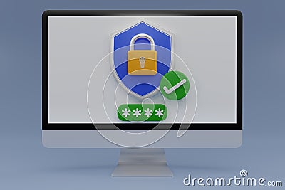 3D render computer monitor with Shield and padlock isolated on blue background. Desktop Security shield symbols. Security shields Cartoon Illustration