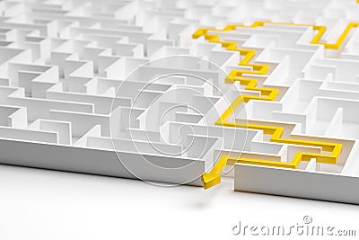 Concept - solving a complex problem. White maze with yellow solution path with arrow Stock Photo