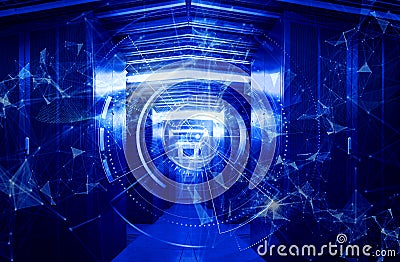 3D render. Corridor of working datacenter. Digital Dreams series. Arrangement of technology background with virtual Stock Photo