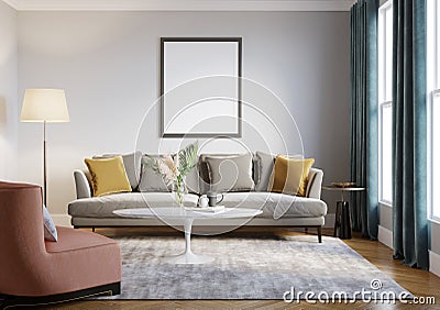 3d render of a cosy living room with a beige sofa and a pale red lounge club chair Stock Photo