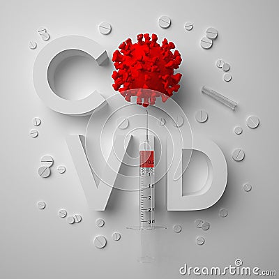 3D render COVID word with `O` like a red virus cell. Pharmacology development, vaccines invention and testing, global vaccination. Stock Photo