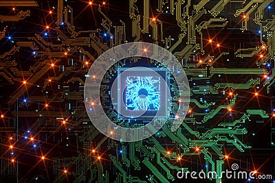 3D render CPU Technological background. Concept circuit board with computer central processing unit. Digital Chip Integrated Stock Photo