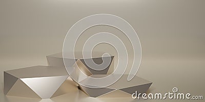 3D render cream geometric podium. Ivory hexagon cube, Beige square podium in beige background. Concept scene stage showcase, Stock Photo