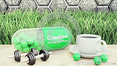 3d render of creatine big pill, Two dumbbells and a cup of coffee. Sport nutrition for bodybuilding 3d illustration Stock Photo