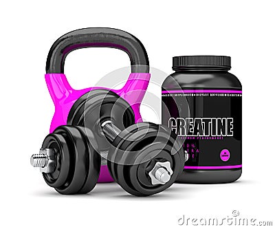 3d render of creatine bottle, dumbbells and kettlebell Stock Photo