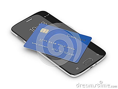 3d render of credit card lying on mobile phone Stock Photo