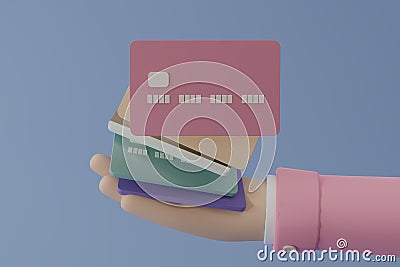 3D render credit cards in hand with cartoon style isolate on blue background. Online payment concept on blue background. Income, Stock Photo