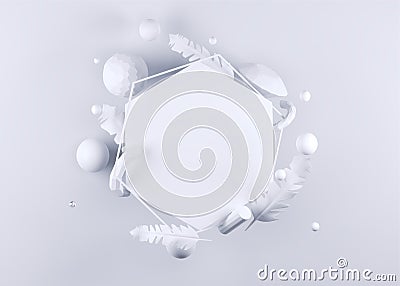 3D render of crystal elements such as diamond, tubes and feathers decorated blank hexagon frame. Stock Photo