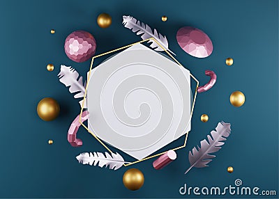 3D render of crystal elements such as pearls, diamond and feathers decorated blank hexagon frame given for your message on green Stock Photo