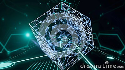 3d render cubic tunnel with large blue translucent cube floating inside. Stock Photo