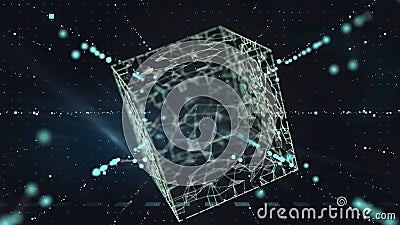3d render cubic tunnel with large translucent cube floating inside. Stock Photo
