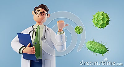 3d render, cute cartoon character doctor wears glasses and shows green viruses and bacterias. Smart professional caucasian male Stock Photo