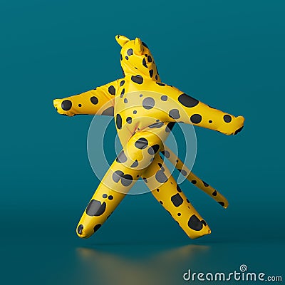 3d render, cute cartoon character walking, yellow leopard with black spots isolated on dark blue background. Funny mascot costume Stock Photo