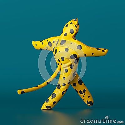3d render, cute cartoon character walking, yellow leopard with black spots isolated on dark green background. Funny mascot costume Stock Photo