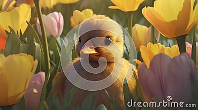 3D render of cute little yellow duckling in spring flowers. Stock Photo