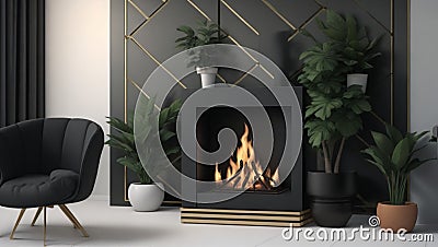 3D render, 3D art, Three dimensional render of living room with single chair- potted plant- wall panels and fireplace Stock Photo