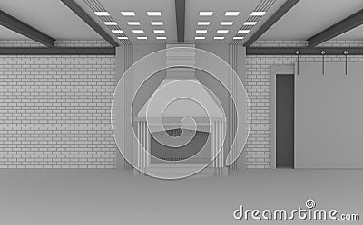 3D render, 3d render, loft-style interior, brick wall, fireplace, steel crossbars on the ceiling, Stock Photo