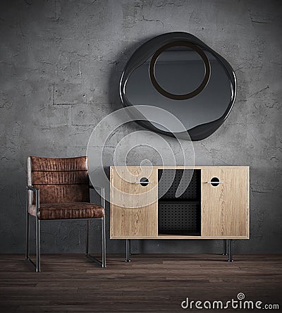 3d render of dark interior with chair, commode, mirror against the background of a concrete wall Stock Photo