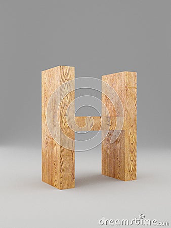3D decorative wooden Alphabet, capital letter H. Isolated. Stock Photo