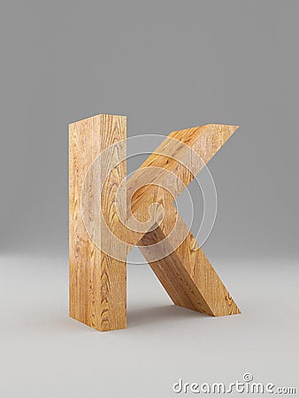 3D decorative wooden Alphabet, capital letter K. Isolated. Stock Photo
