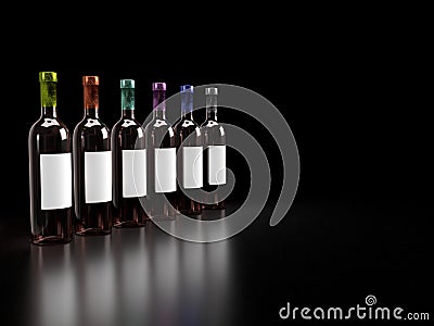 3d render of different colored foil sealed amber glass wine bottle in solid black background on reflective surface with white Stock Photo