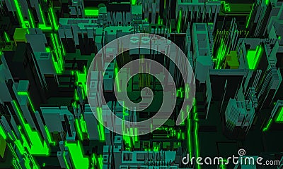 3d render digital abstract green building architecture fragment. Cyber City. Printed circuit board PCB technology repetition. Stock Photo