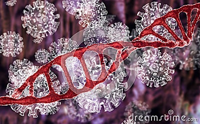 3D render DNA strand and and coronavirus deadly pandemic from China. Disease Epidemic concept 3D rendering Stock Photo