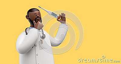 3d render. Doctor african cartoon character thinks and holds thermometer device, medical clip art isolated on yellow background Stock Photo