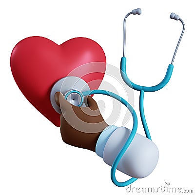 3d render. Doctor cartoon hand with stethoscope listens to the heart icon. Medical healthcare illustration. Cardiology clip art Cartoon Illustration