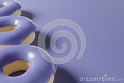 3d render of donut pattern with violet glaze on a purple background Stock Photo