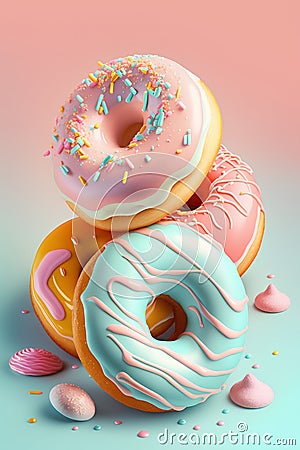 3d render of donuts with sprinkles on pastel background Stock Photo