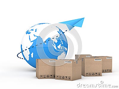 3d render of Earth globe and cartons with a paper plane Stock Photo