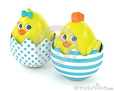 3d render of Easter chicks in egg shells Stock Photo