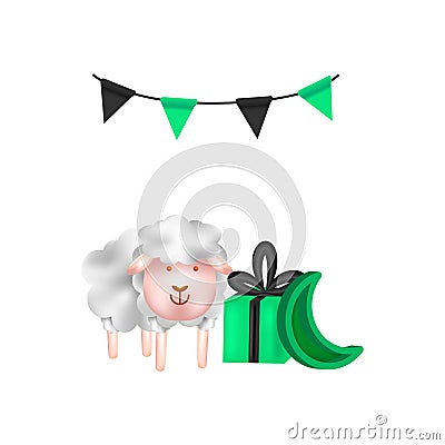 3d render eid al adha sheep with bunting and gift box design isolated Vector Illustration