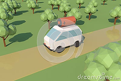 3d render electric car drives along the road among the trees Stock Photo