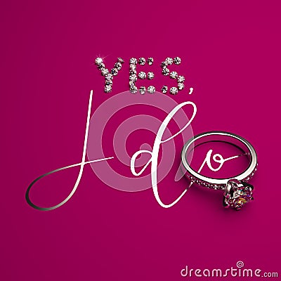 3D render elegant wedding design concept with calligraphy. The word YES made up of brilliants, the handwritten phrase I DO and a w Stock Photo