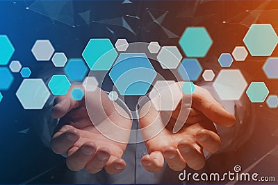 3d render empty aplication made of blue hexa button displayed on Stock Photo