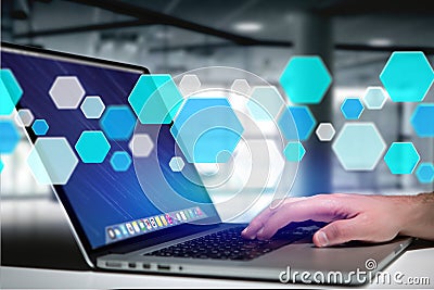 3d render empty aplication made of blue hexa button displayed on Stock Photo