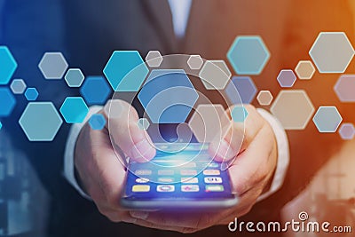 3d render empty aplication made of blue hexa button displayed on Stock Photo